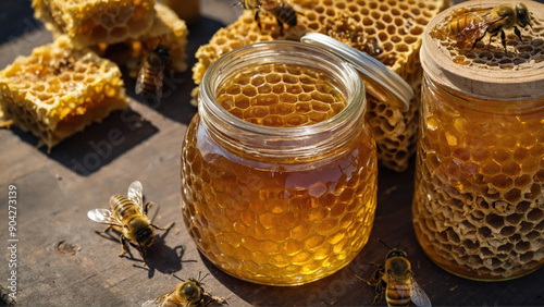 honey jar with bees at the apiary , honey harvesting 