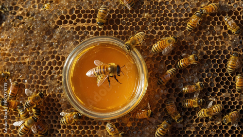 honey jar with bees at the apiary , honey harvesting 