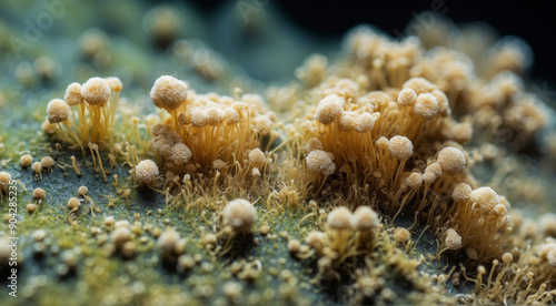 mushroom mycelium under the microscope , mushroom spores mold fungi in the laboratory 