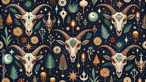 Whimsical hand-drawn seamless pattern featuring mystical symbols, astrology elements, alchemy motifs, and a goat skull, ideal for wrapping, wallpaper, or textile design applications.