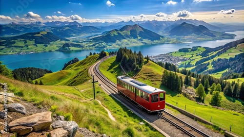 Rigi bahn electric cable tram winds its way up majestic Mt Rigi in Switzerland, offering breathtaking panoramic views of lush green valleys and majestic mountain landscapes.