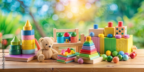 Colorful toys and learning materials scattered on a wooden table against a soft pastel background, depicting a playful and nurturing environment for child development.