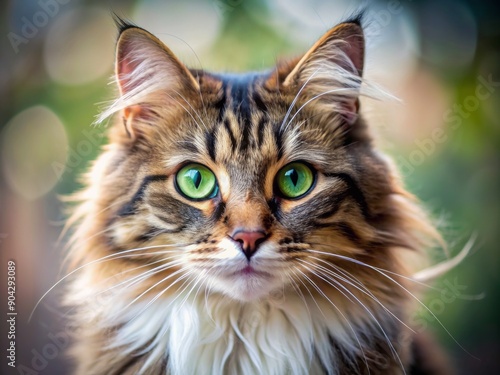 Adorable whiskered feline with bright green eyes, soft fluffy fur, and pink nose, posing for a intimate close-up shot against a soft blurred background.