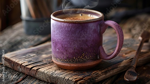 Heating hot coffee on a worn out timber table in a rustic purple mug