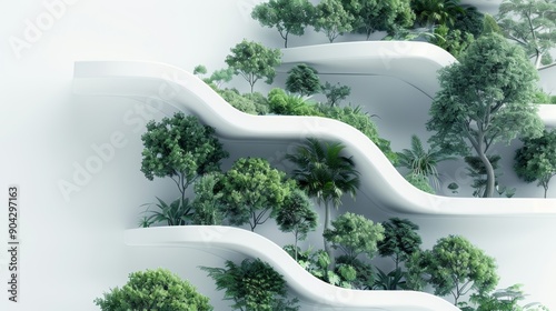 A futuristic building design with flowing white walls and lush greenery growing within. The image is a concept for sustainable and biophilic architecture.