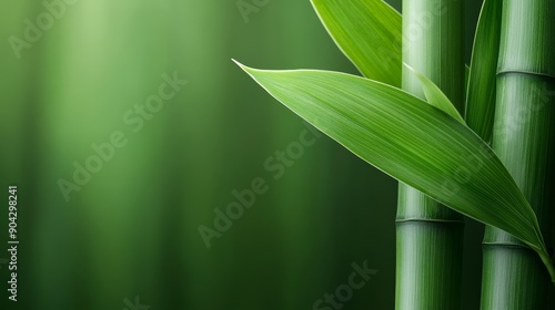 Detailed close-up of bamboo shoots with vibrant green leaves and intricate textures, set against a blurred natural background to emphasize the bamboos elegance, high-resolution photo, realistic photo
