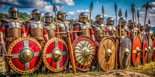 Ancient Roman army artifacts, such as shields, swords, and armor, arranged in a battle-ready formation, evoking the grandeur of Rome's military legacy.