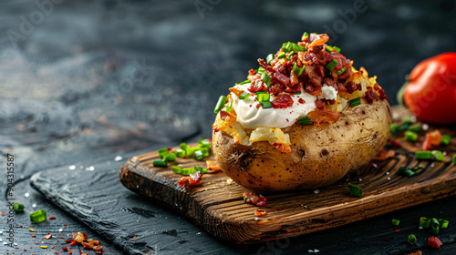 Baked potato topped with sour cream, bacon, chives, and spices sitting on a rustic wooden cutting board