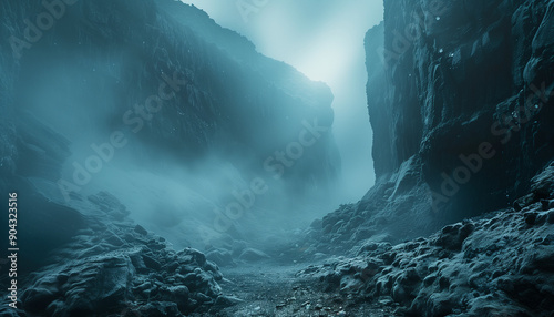 A foggy, icy canyon with rugged rocky terrain, shrouded in an eerie, cold blue light, creating a mysterious and desolate atmosphere.