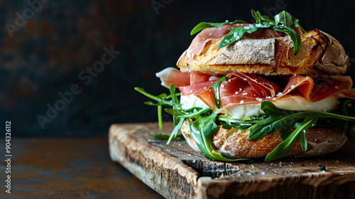 Wooden board showcases a ciabatta sandwich with fresh arugula, prosciutto, and creamy mozzarella