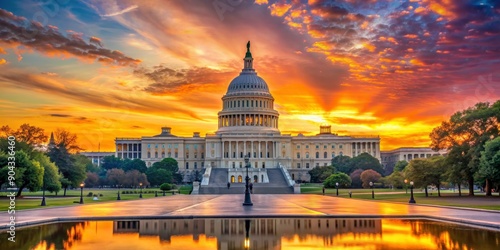 Capitol Hill Sunrise Reflection, Washington DC, USA, Capitol Building, Golden Hour, sunrise, capitol