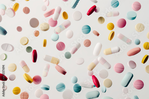 Colorful Assortment of Various Pills and Capsules Scattered on a White Background