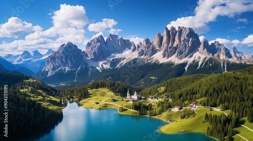 Aerial view of lago antorno surrounded by majestic dolomites and alpine peaks in misurina near cortina d'ampezzo, italy - tranquil lake mountain landscape