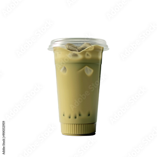 Mocha iced or green tea latte in a takeaway cup isolated on a transparent background with a clipping path