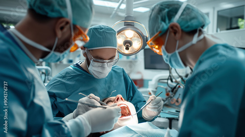 Three dental surgeons in surgical masks and scrubs performing oral surgery on a patient in a well-lit operating room.