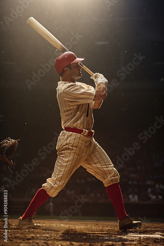 Dynamic Baseball Batter Captures the Essence of the Game Under Dramatic Lights at a Vintage Stadium