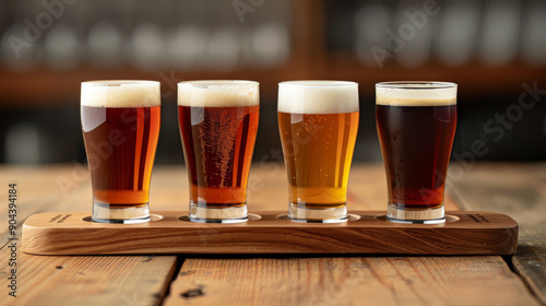 Beer Flight on Wooden Paddle with Various Ales. A beer flight displayed on a wooden paddle, showcasing four different types of ales in clear glasses, each with a frothy head, on a rustic wooden table.