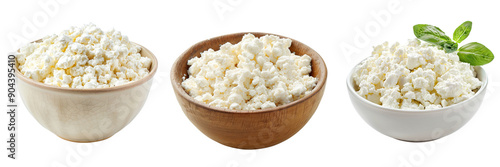 set of bowl of creamy cottage cheese isolated on a transparent background