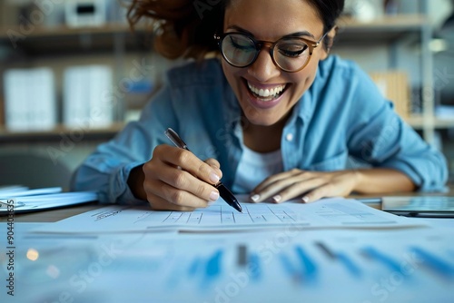 The beautiful person with eyeglasses is happily smiling and laughing as they fill out the survey form, looking intently at the checkboxes with a pen in hand.