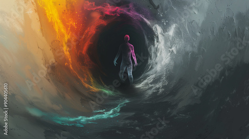 Fading Identity: A figure with a vibrant, colorful aura that fades to gray as they near the black hole, representing the loss of self in extreme mood swings.