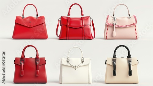 A set of six women's handbags in pink and red, featuring a variety of styles including satchels, shoulder bags, and crossbody purses.