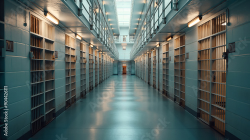 Interior of a prison corridor with rows of cells and barred doors illuminated by ceiling lights, creating a clean and empty walkway.