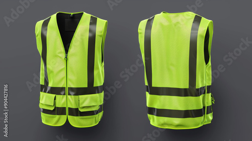 "Realistic mockup of a safety vest jacket, used for security, traffic, and worker uniforms. Features include a fluorescent green color, reflective stripes, and a zip. Personal protective clothing."