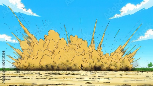  A cartoon illustration featuring a man standing before a massive eruption of vibrant yellow and blue smoke rising from the earth