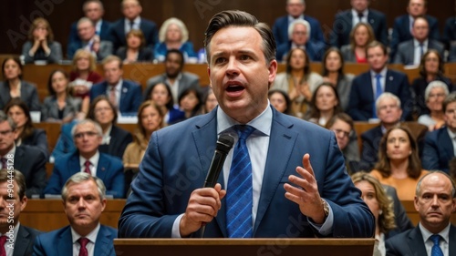 A confident male politician speaks passionately at a packed assembly, addressing an engaged audience in formal attire.