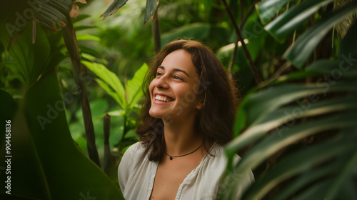 mulher radiante com um sorriso caloroso vestindo uma blusa leve cercada por exuberante vegetação tropical