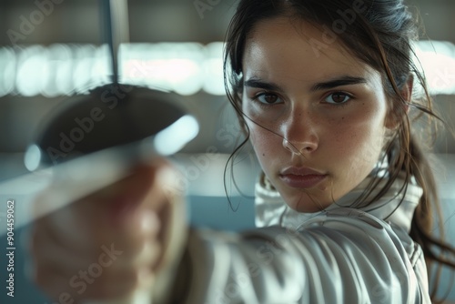 A young fencer, fully focused and determined, points her sword directly at the camera during an intense practice session, showcasing her dedication to the martial art of fencing.