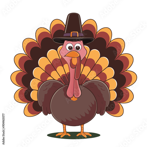 A cartoon turkey is adorned with a black pilgrim hat and colorful feathers