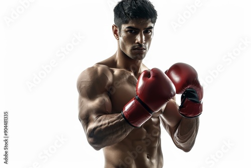 A strong male boxer wearing red gloves and in a fighting stance, conveying determination and discipline in a bright studio setting.