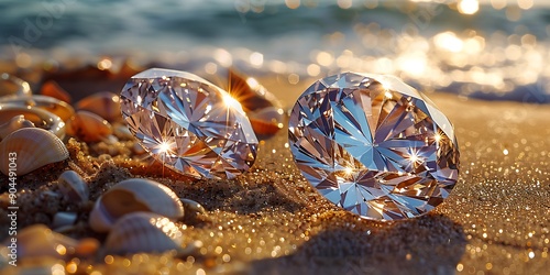 Two sparkling diamonds on a beach with seashells and the ocean in the background.