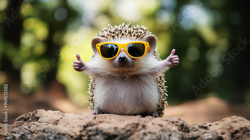 funny hedgehog wearing sunglasses and doing thumbs up, animal cartoon. Design for Wall Art, Poster Print, Wallpaper & Background