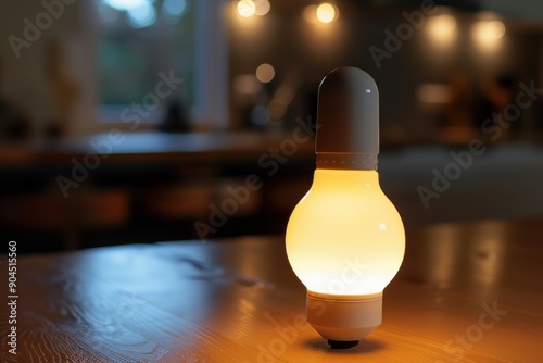 Modern rechargeable led table lamp emitting warm light, placed on a wooden table in a blurred background