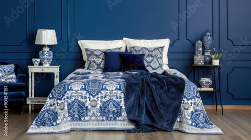 Photo of a dark blue and white bedroom with a cozy bedspread and matching decor