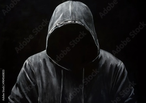 A dark hooded figure wearing an unzipped hoodie with no face visible, against a black background