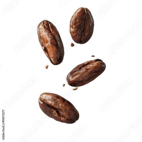 Levitating cracked cocoa beans on transparent background symbolize levitation.