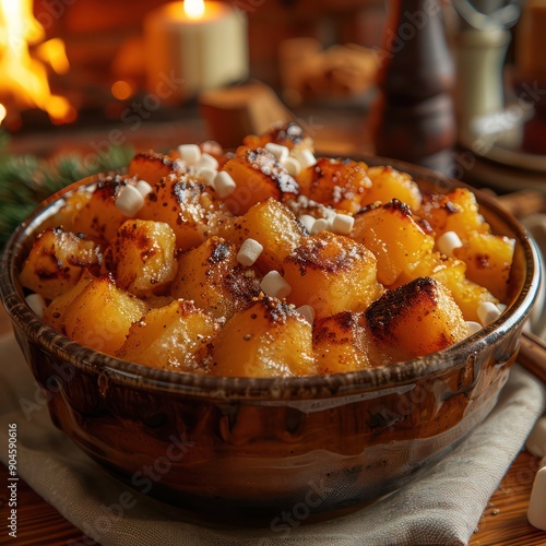 a serving of Southern-style candied yams with brown sugar and marshmallows