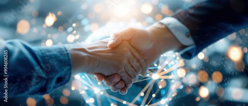 Hands clasping in front of a background of a globe, global cooperation concept