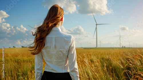 Business leader standing confidently with a wind farm in the backdrop, advocating for renewable energy within a corporate environment