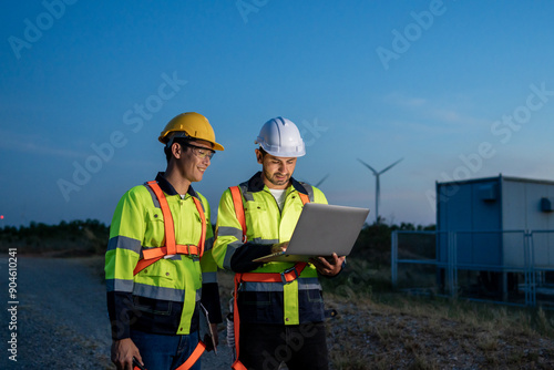 Diverse ethnicity male technicians working in the wind turbines field.