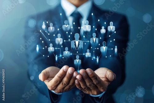 The Architect of Connections: A businessman orchestrates a network of professionals, symbolizing the power of leadership and strategic partnerships in the digital age. 