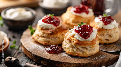 Freshly baked scones with clotted cream and strawberry jam