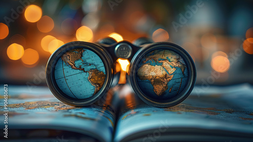 A pair of old-fashioned binoculars with the world map inside, resting on an open book about travel and exploration