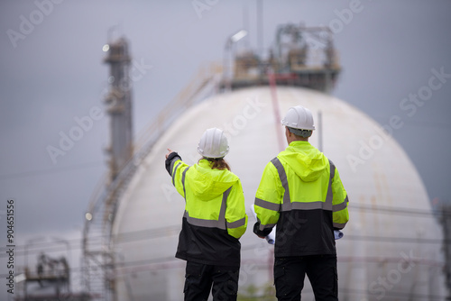 Engineers wearing safety gear, including hard hats examining survey a large blueprint tablet standing industrial facility gas or oil refinery engaged in a job requires high safety standards concept.