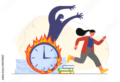 Woman with deadline. Young girl run away from burning clock. Poor time management and inefficient work process organization. Employee with countdown pressure. Flat vector illustration