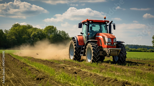 Agricultural Power: Tractor Plowing Fields Under Sunny Skies