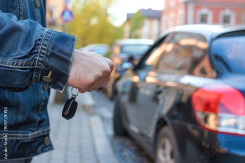 Man Unlocking Car with Key on a Sunny Day on a City Street Closeup